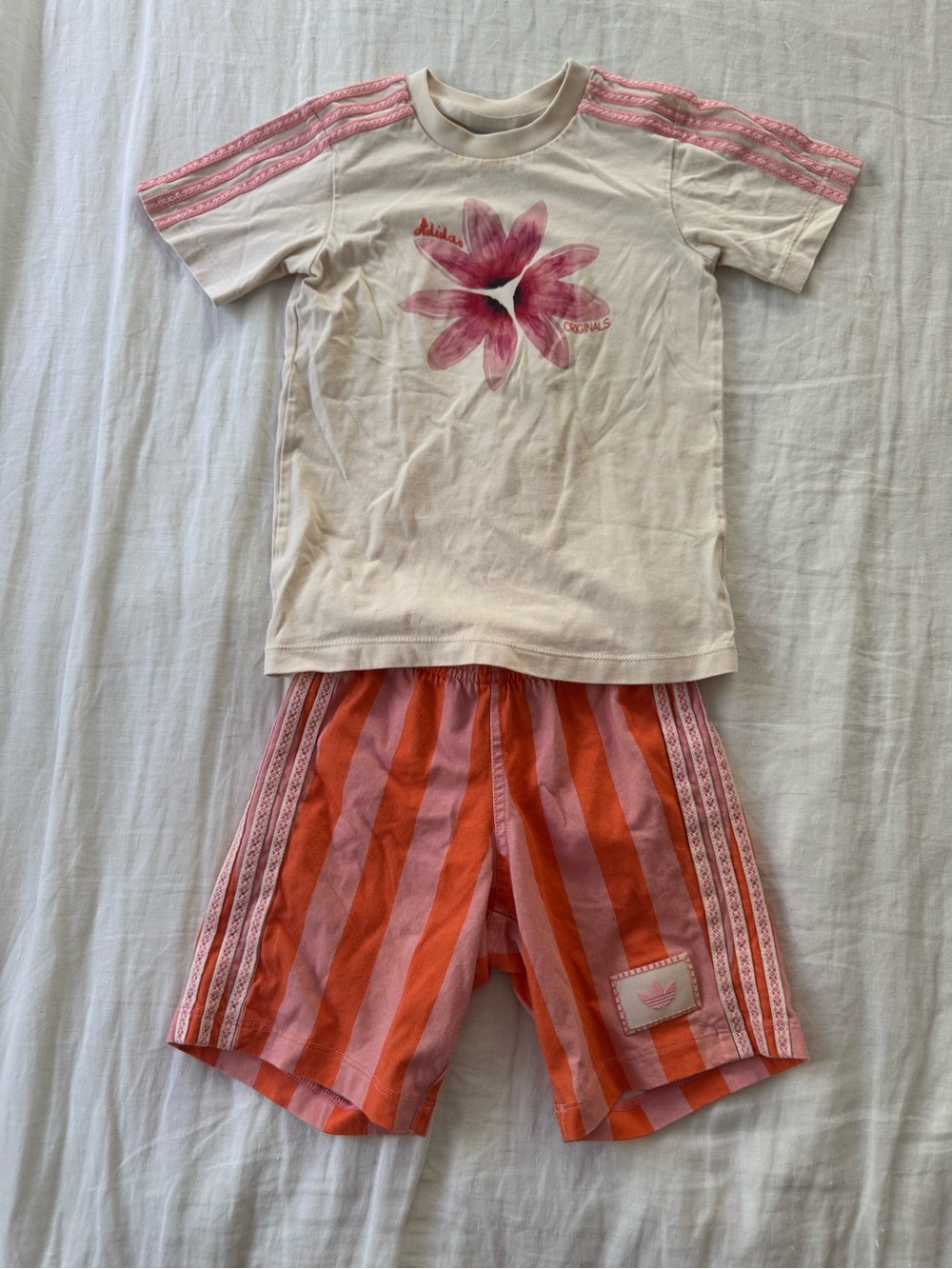 adidas Cream Tee with Pink Floral and Pink-Orange Striped Shorts